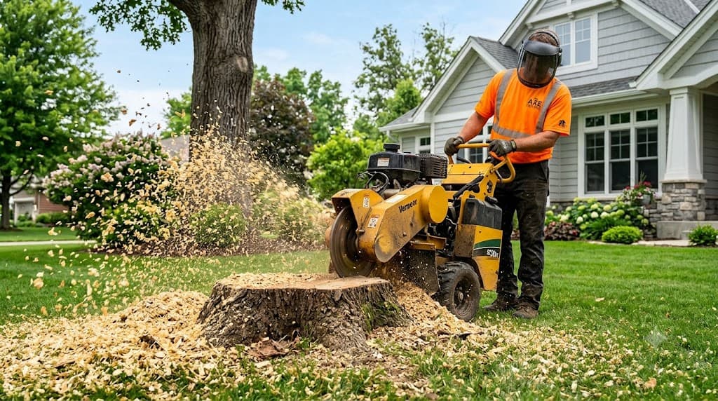 Stump grinder clearing a fresh stump in a residential yard
